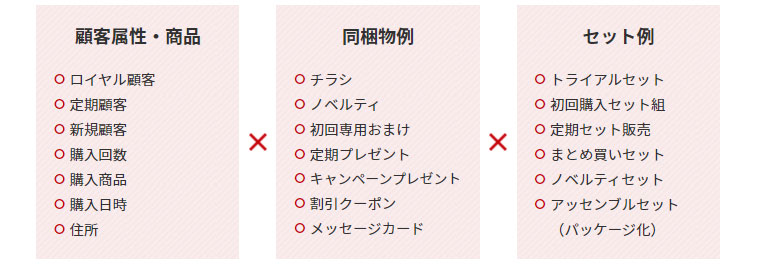 ３つの条件を掛け合わせて複雑な同梱制御をするイメージ図（条件１は顧客属性と購入商品、条件２は同梱物、条件３はセット例）